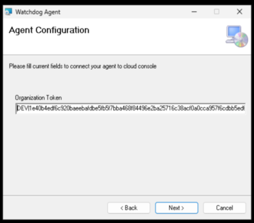 Organization Token entry screen during installation